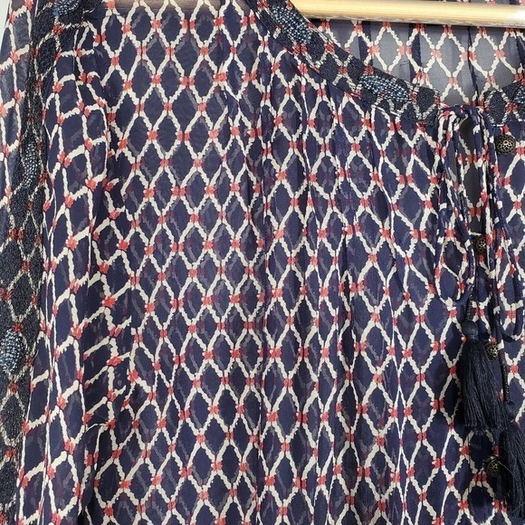 Lucky Brand Diamond Pattern Peasant Top Beaded Navy Red White Size XS - Picture 4 of 11